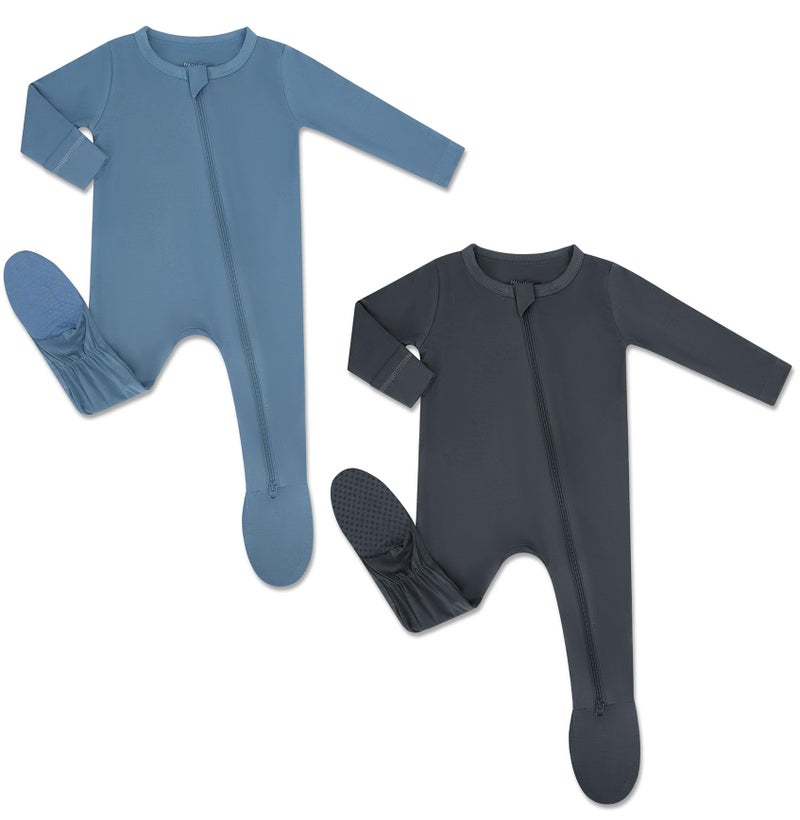 HAPIU Rayon from Bamboo Baby Footed Pajamas, 2 Way Zipper YKK, Footie for Baby Boy Girls, Newborn-24 Months, 2-Pack, Moonlight Blue&Dark Grey, 12-18 Months - Image 1